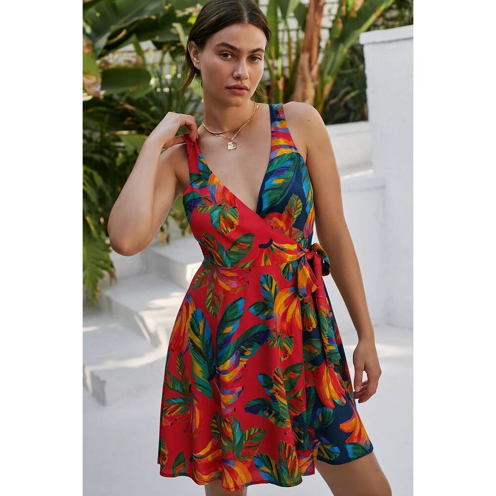 FARM Rio Red Tropical Wrap Mini Dress with Multicolor Leaf Print